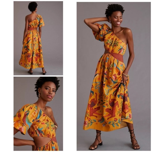 Anthropologie Dresses & Skirts - NWT Anthropologie Farm Rio Birds Leopard Floral One-Shoulder Maxi Cut Our Dress 